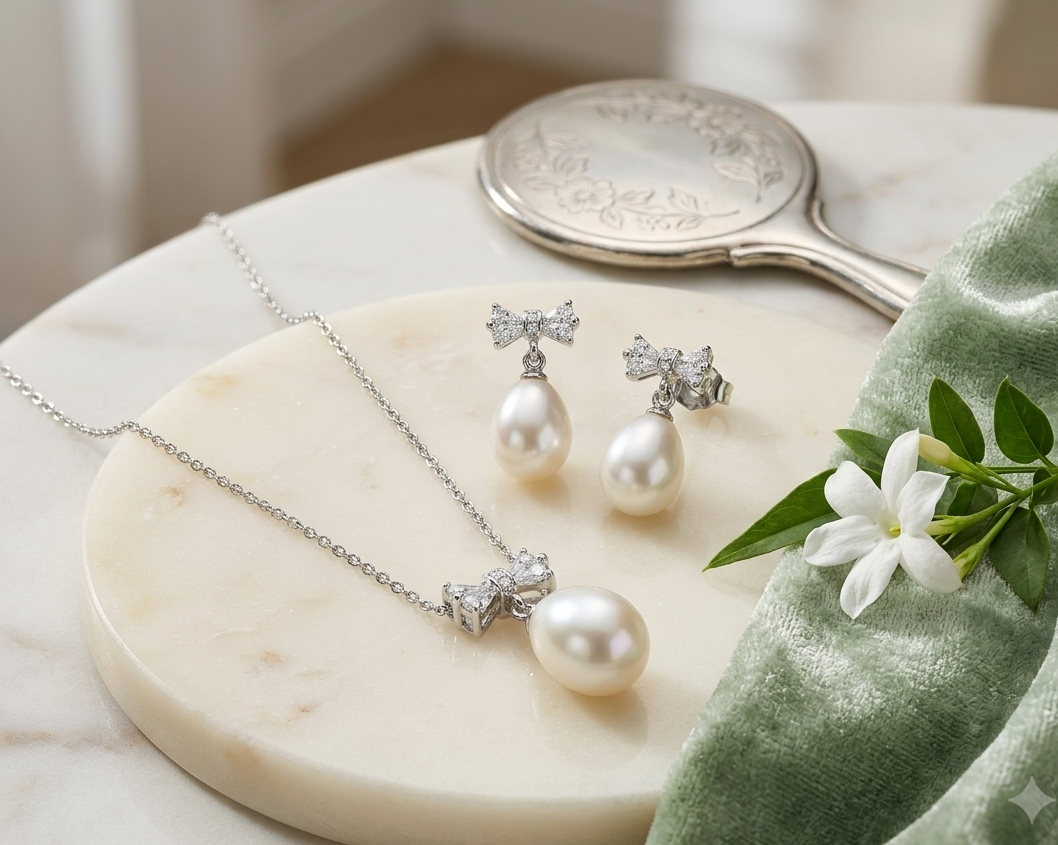 925 Sterling Silver Bowknot Zircon Pearl Set