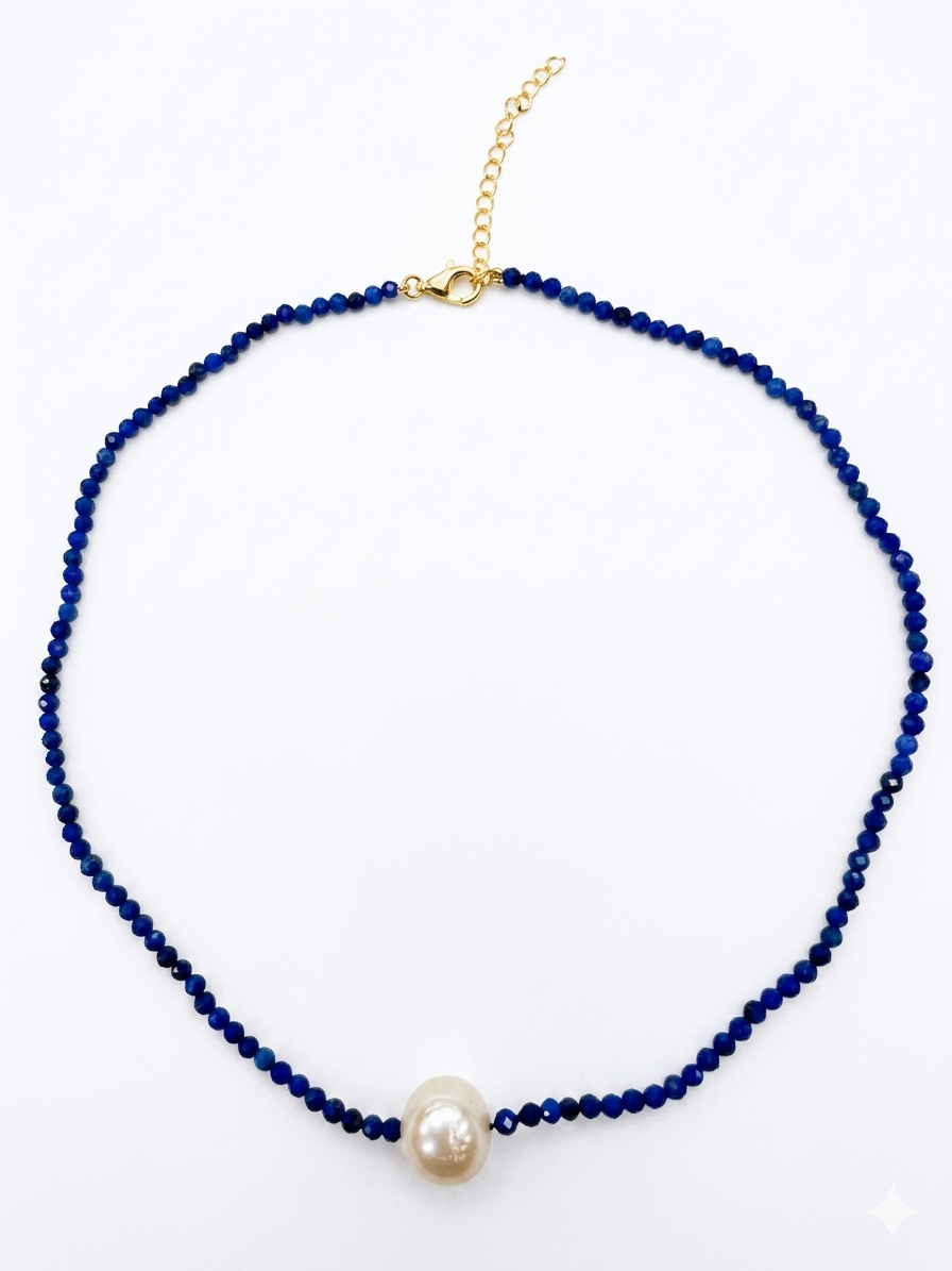 【Starry Seas】Large Lapis Lazuli Single Bead Necklace (925 Sterling Silver Gold Plated Clasp / 16.5" + 2" Extension Chain)