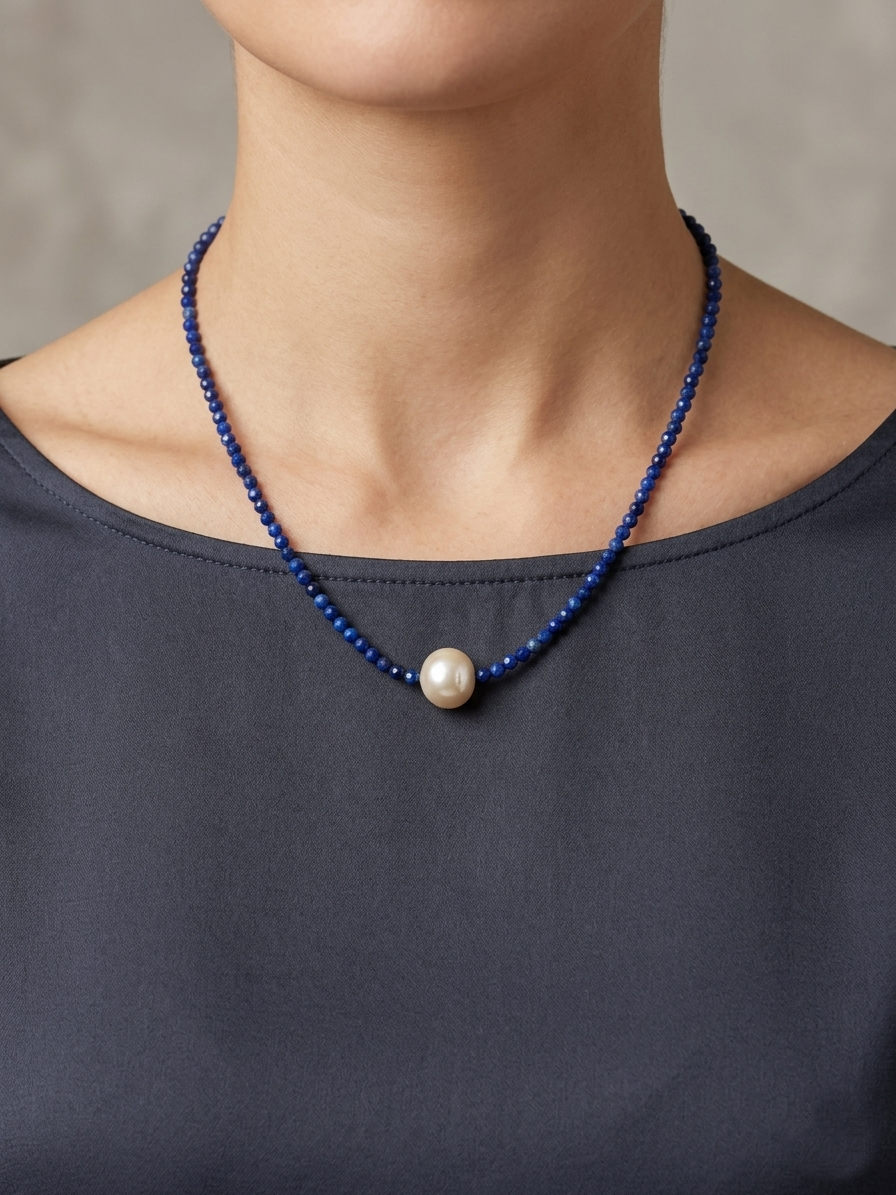【Starry Seas】Large Lapis Lazuli Single Bead Necklace (925 Sterling Silver Gold Plated Clasp / 16.5" + 2" Extension Chain)