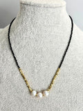 Starlight in the Night Series: Classic Black and White — Natural Black Spinel with Three White Round Pearl Necklace