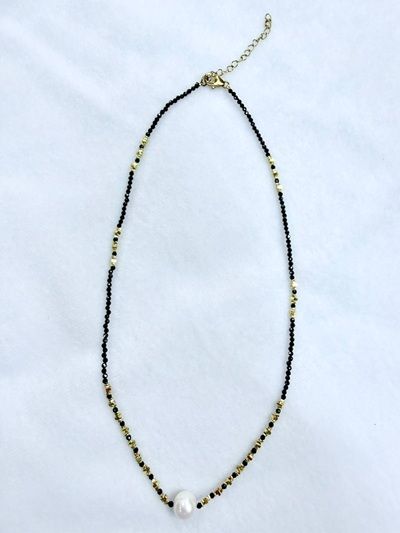 『Lu』Natural black spinel and natural pearl necklace with 925 sterling silver beads and silver clasp