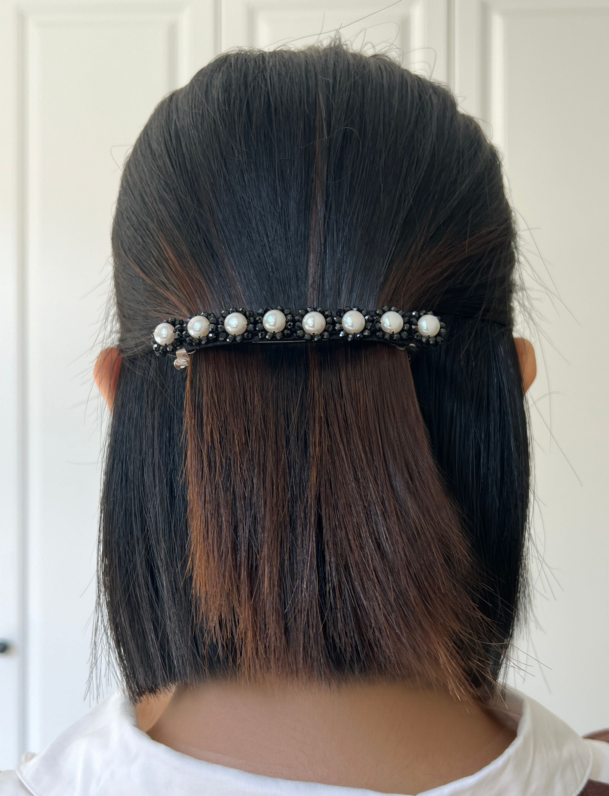 "Obsidian Dawn" Pearl and Spinel Woven Hair Clip