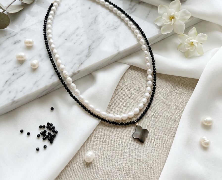 【Symphony of Luck】925 Sterling Silver Gold Plated Double Layer Micro-faceted Black Spinel Rice Pearl Clover Black Mother-of-Pearl Necklace