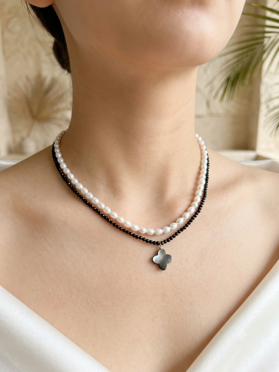 【Symphony of Luck】925 Sterling Silver Gold Plated Double Layer Micro-faceted Black Spinel Rice Pearl Clover Black Mother-of-Pearl Necklace