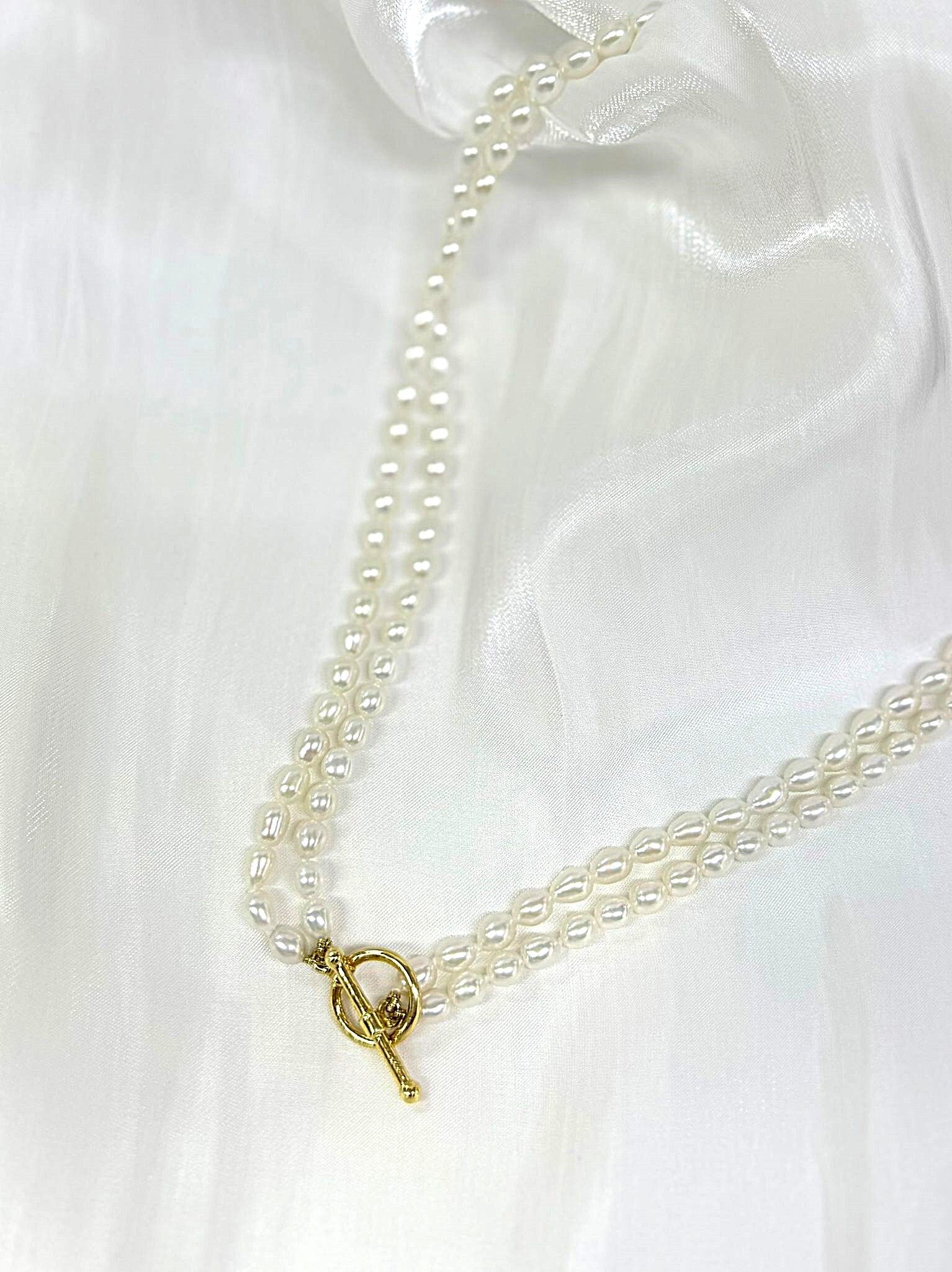 Double-Row Seed Bead 925 Sterling Silver Gold-Plated Toggle Clasp Necklace