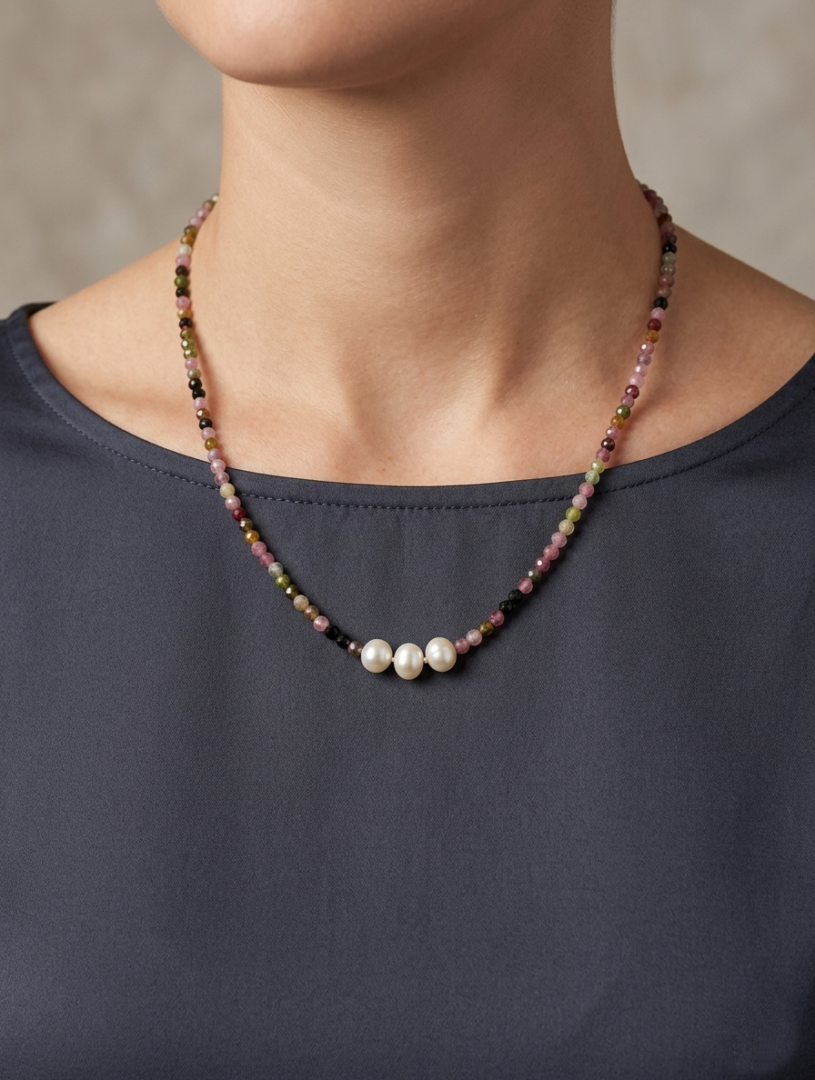 【Stellar Constellation】Multi-colored Tourmaline and Pearl Necklace (Japanese Clasp / 16.5 inches)