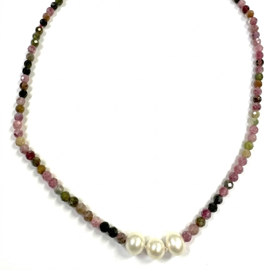 【Stellar Constellation】Multi-colored Tourmaline and Pearl Necklace (Japanese Clasp / 16.5 inches)