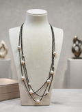 Starlight Stream: Three-Tier Black Spinel Freshwater Pearl Long Necklace