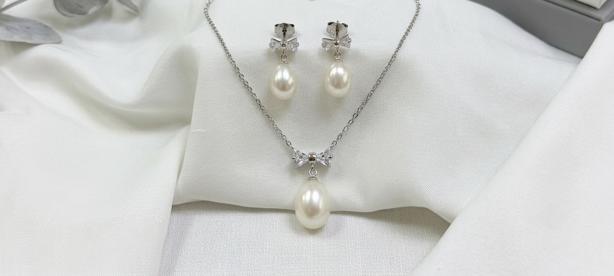 925 Sterling Silver Bowknot Zircon Pearl Set