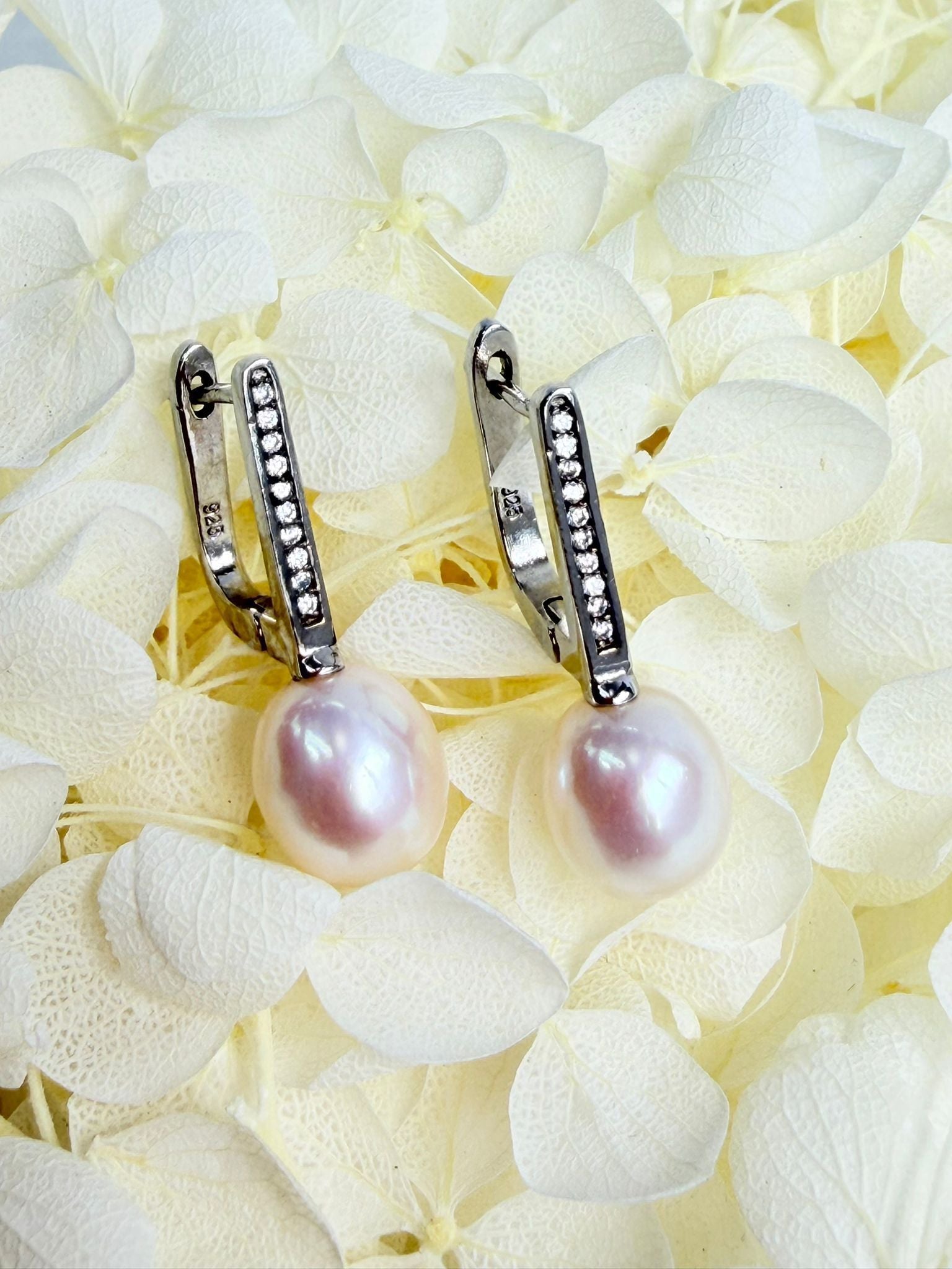 Dewdrop | Rice Pearl with Straight CZ Easy Hoop Earrings