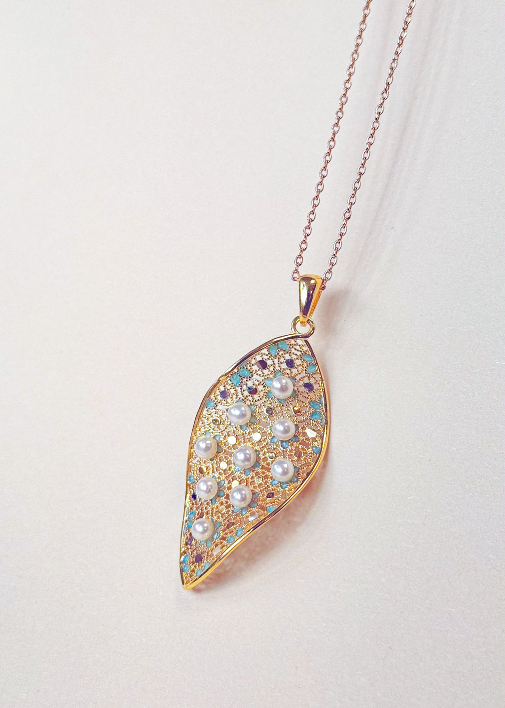 Gold Vermeil Blue Flower Streamline Pearl Pendant