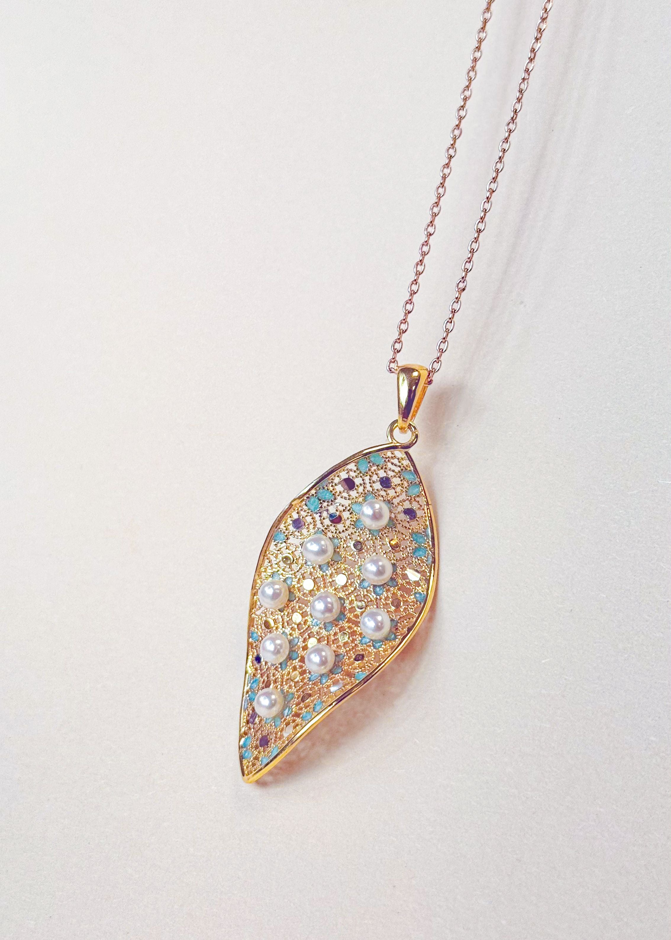 Gold Vermeil Blue Flower Streamline Pearl Pendant