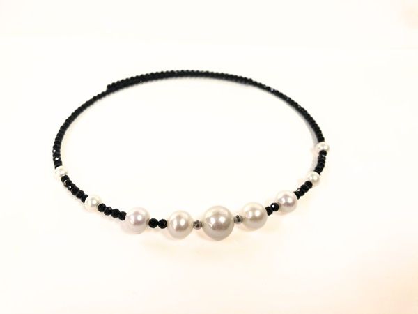 [Ink Rhyme Luster] Natural Black Spinel and Pearl 925 Silver Choker and Bracelet Set