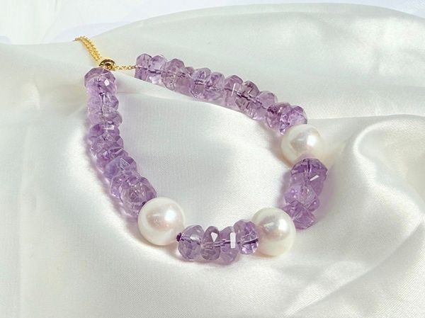 【Purple Radiance】Amethyst and Pearl Necklace with 925 Sterling Silver Clasp, Bracelet with 925 Sterling Silver Chain Set