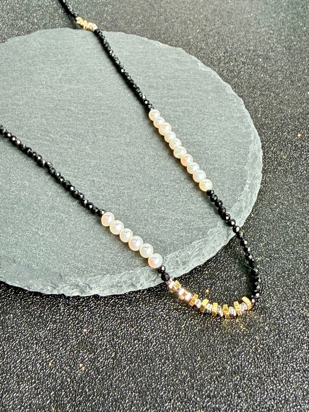 "Two" Natural black spinel with small pearls, and large and small 925 sterling silver gold and silver flakes necklace with 925 silver clasp