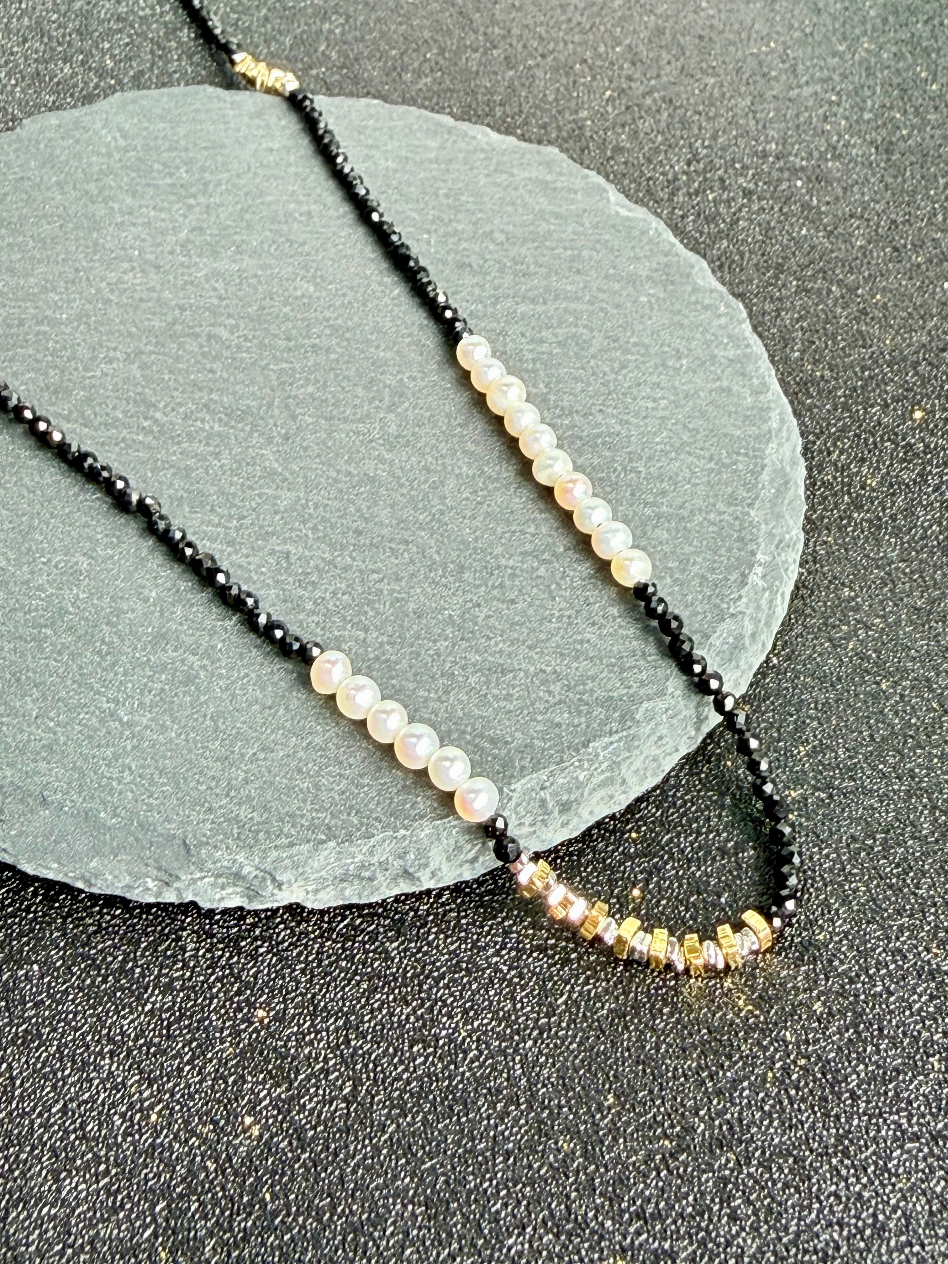 "Two" Natural black spinel with small pearls, and large and small 925 sterling silver gold and silver flakes necklace with 925 silver clasp