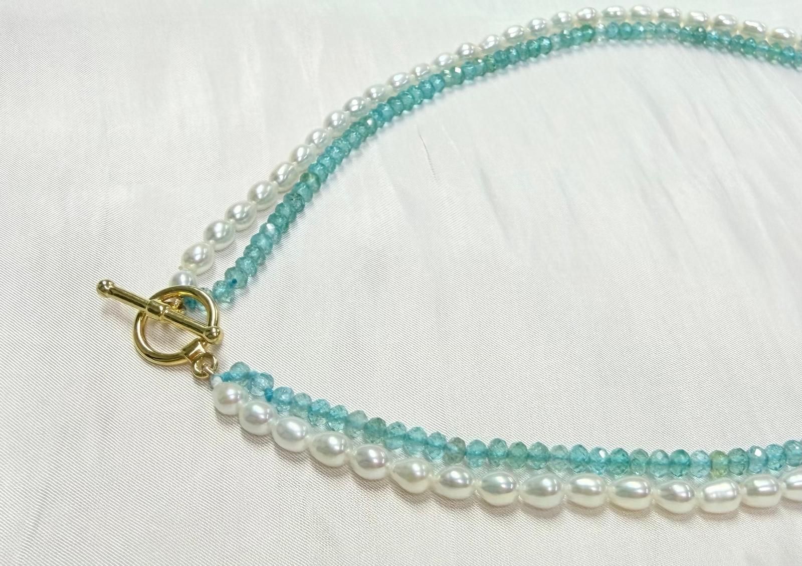 Midsummer Ocean Collection: Blue Apatite and Rice Pearl Double-Strand Gold-Plated 925 Sterling Silver Necklace