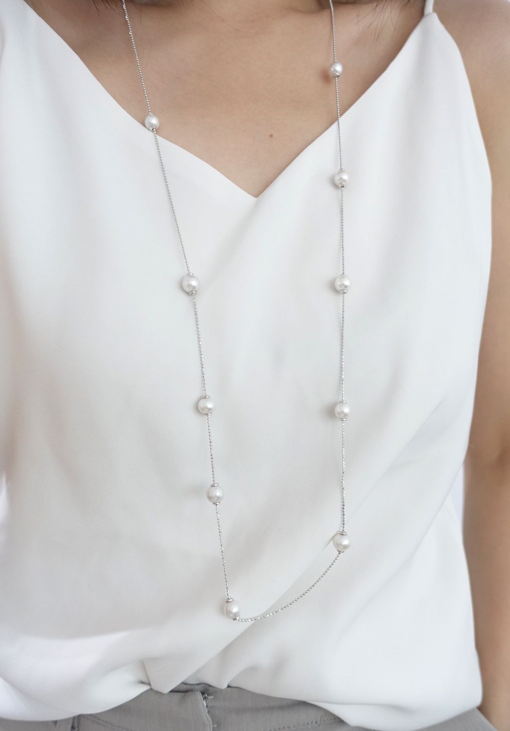 Movable Freshwater White Pearl Long Necklace