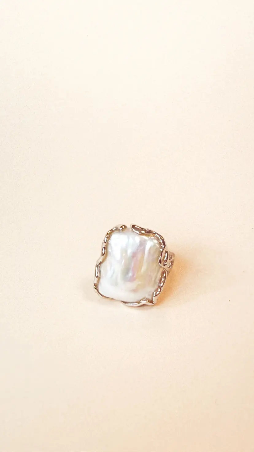 "Square Button" Pearl Sterling Silver Open Ring