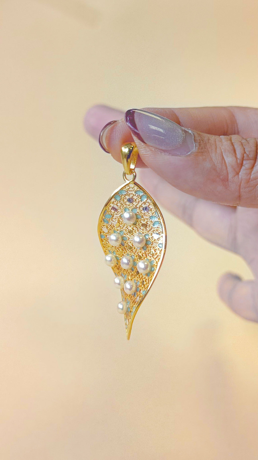 Gold Vermeil Blue Flower Streamline Pearl Pendant