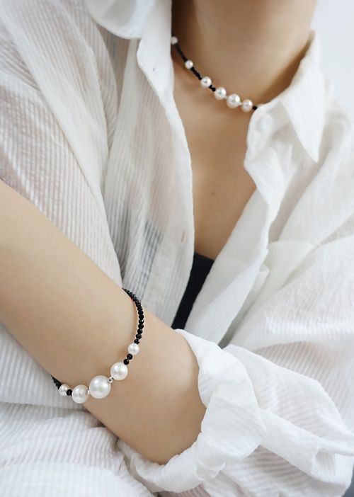 [Ink Rhyme Luster] Natural Black Spinel and Pearl 925 Silver Choker and Bracelet Set