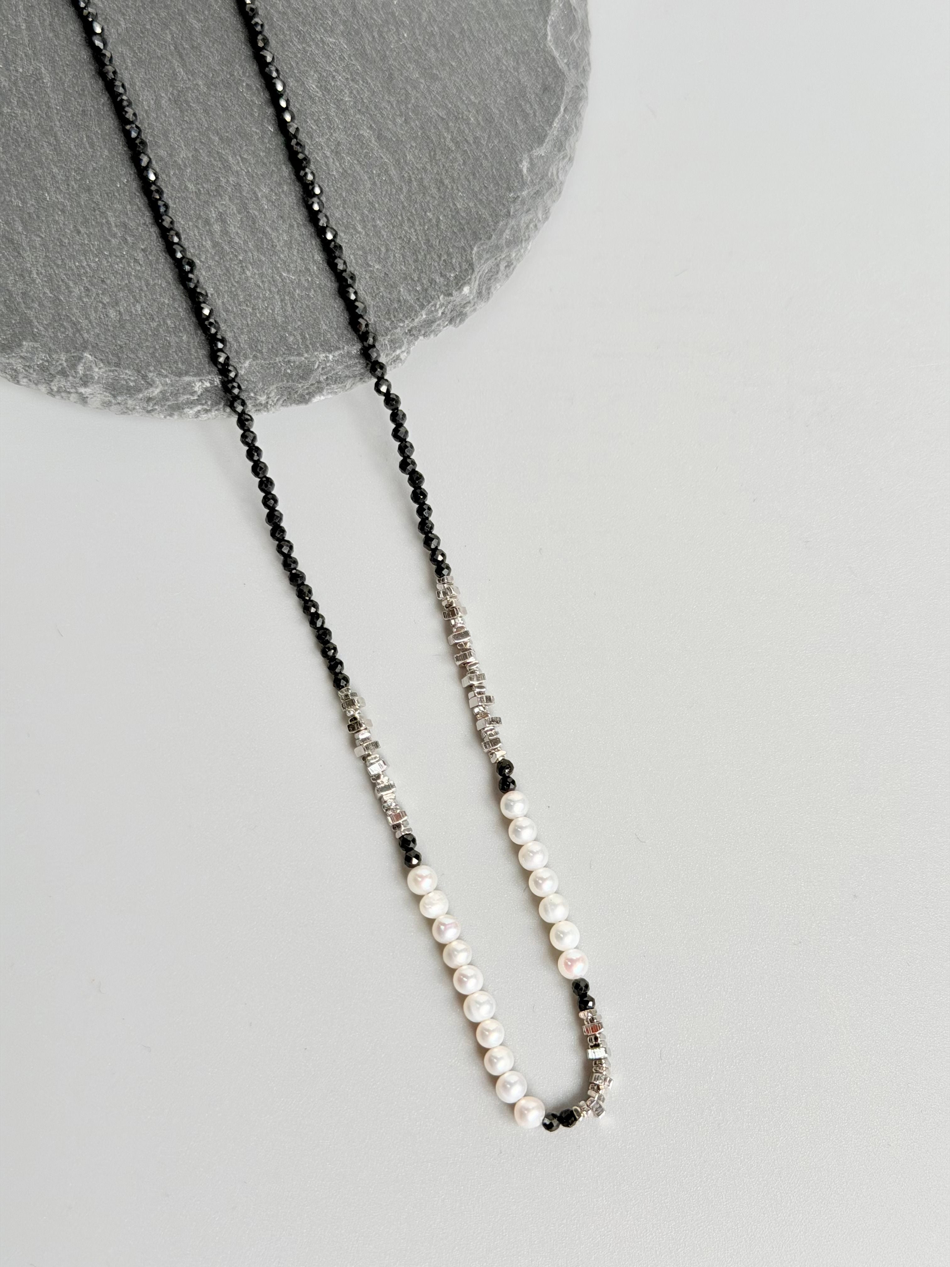 Seashell Spiral 925 Silver Plated Multi-Slice Shimmer Black Spinel Freshwater Pearl Collar Necklace
