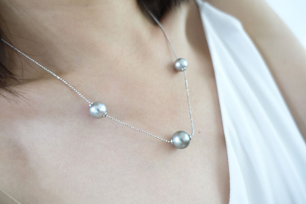925 Sterling Silver Plated | 10-11mm Tahitian Pearl Slider Necklace (3-Piece Set)