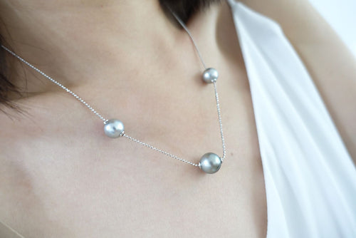 925 Sterling Silver Plated | 10-11mm Tahitian Pearl Slider Necklace (3-Piece Set)