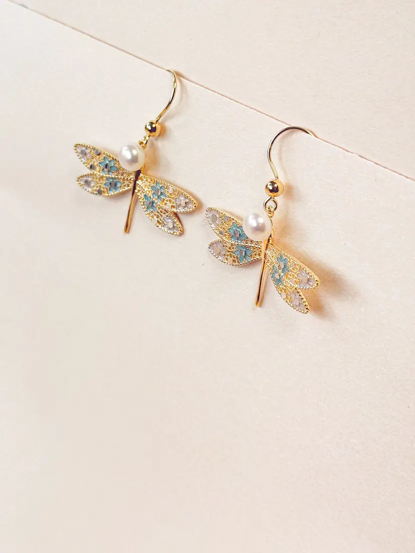 Gold Vermeil 藍蜻蜓珍珠耳環