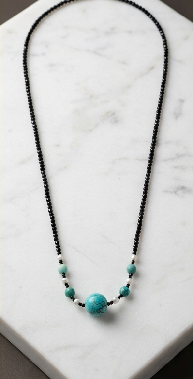 【Bohemia】Oasis of the Night: Black Spinel, Turquoise, Pearl Unisex Long Necklace (68cm)