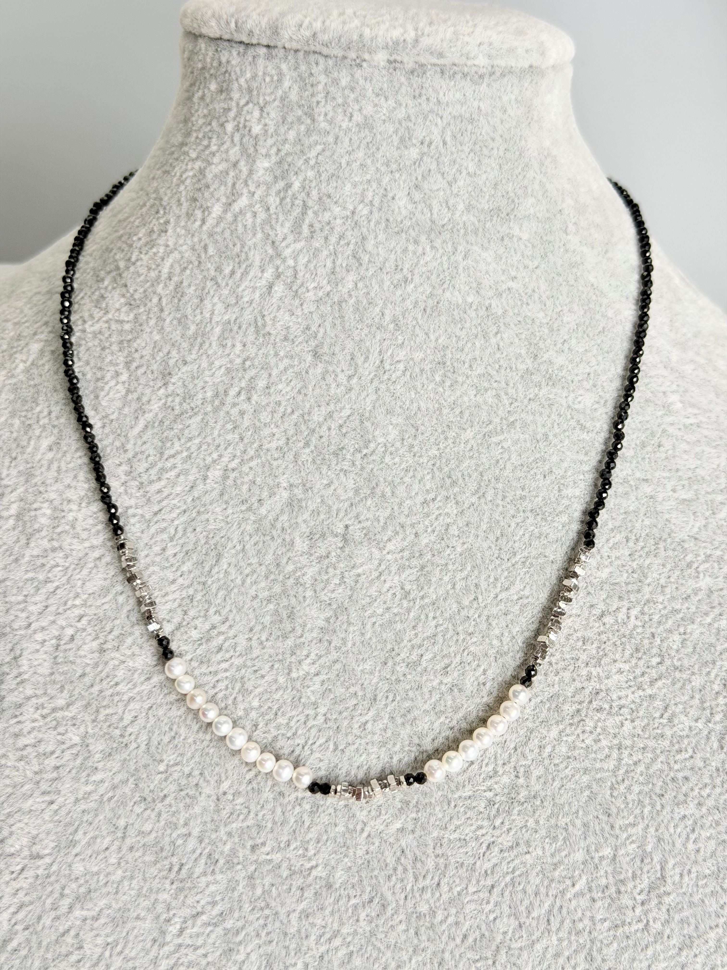 Seashell Spiral 925 Silver Plated Multi-Slice Shimmer Black Spinel Freshwater Pearl Collar Necklace