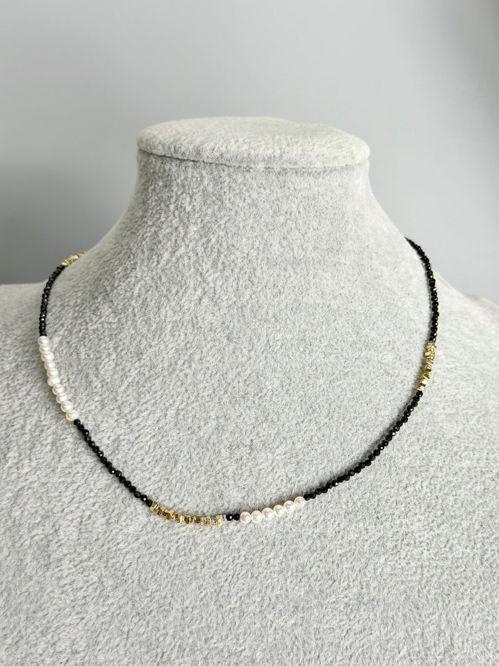 "Two" Natural black spinel with small pearls, and large and small 925 sterling silver gold and silver flakes necklace with 925 silver clasp