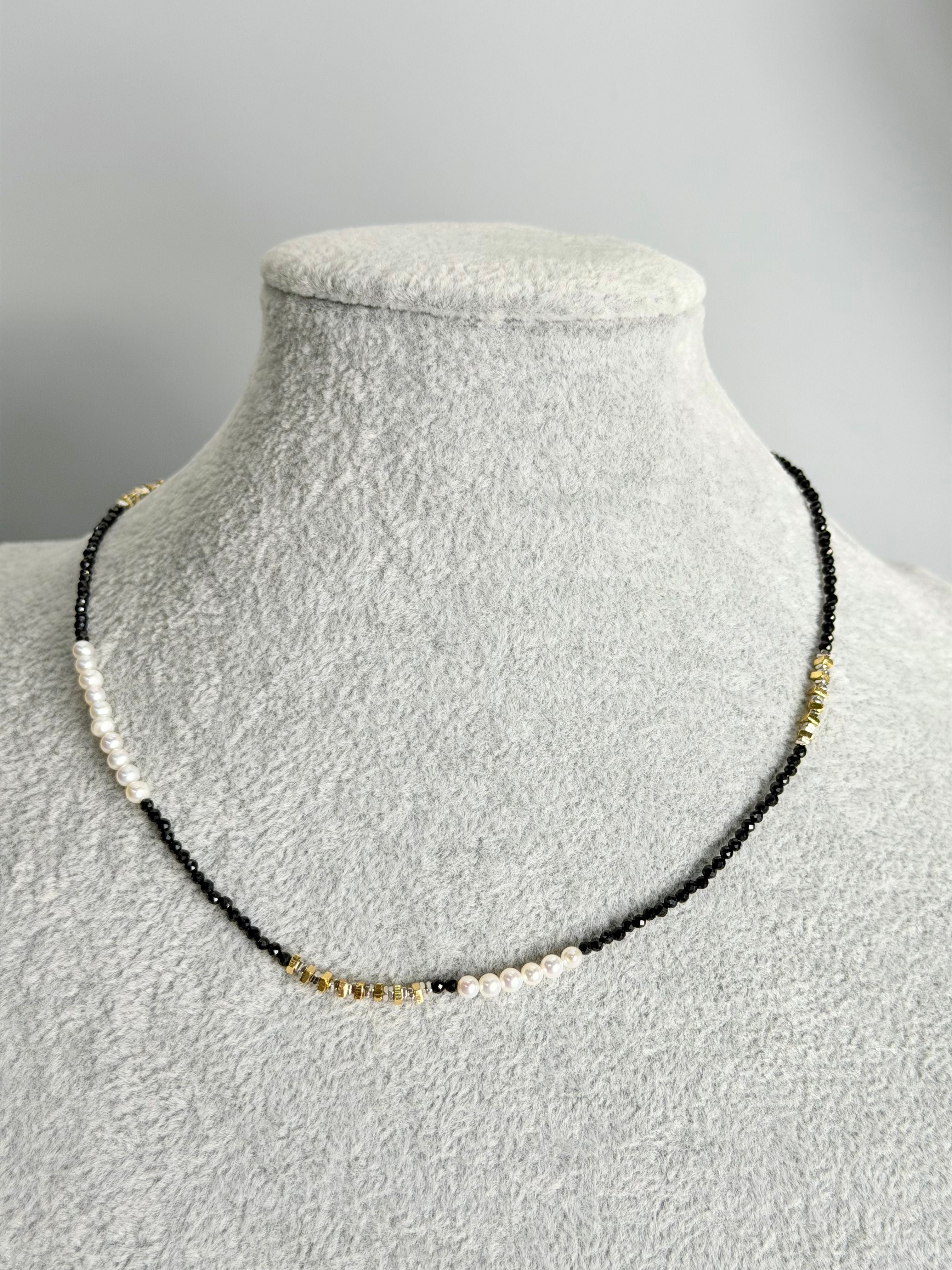 "Two" Natural black spinel with small pearls, and large and small 925 sterling silver gold and silver flakes necklace with 925 silver clasp