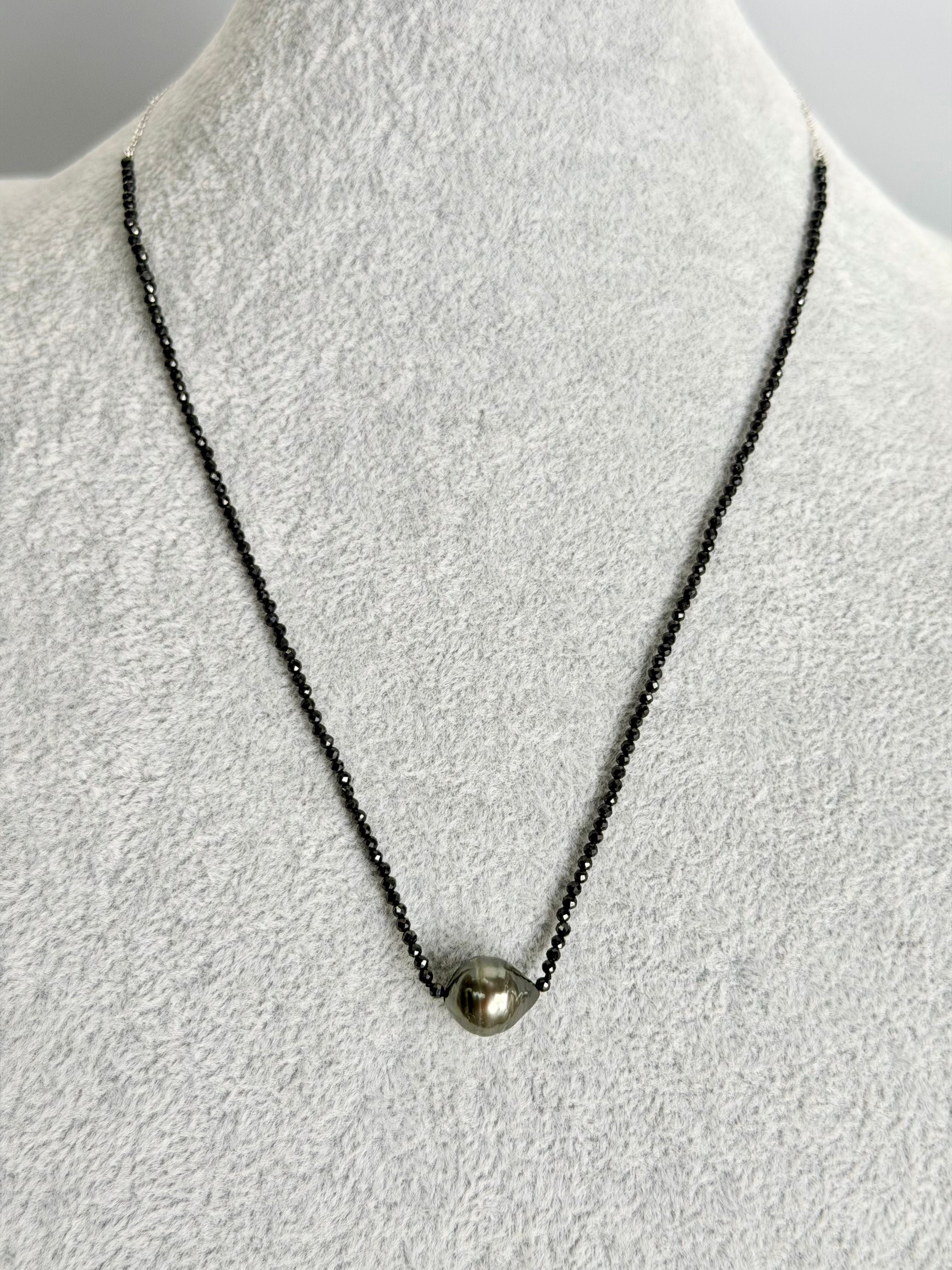 Natural black spinel and Tahitian pearls with 925 plated sterling silver chain