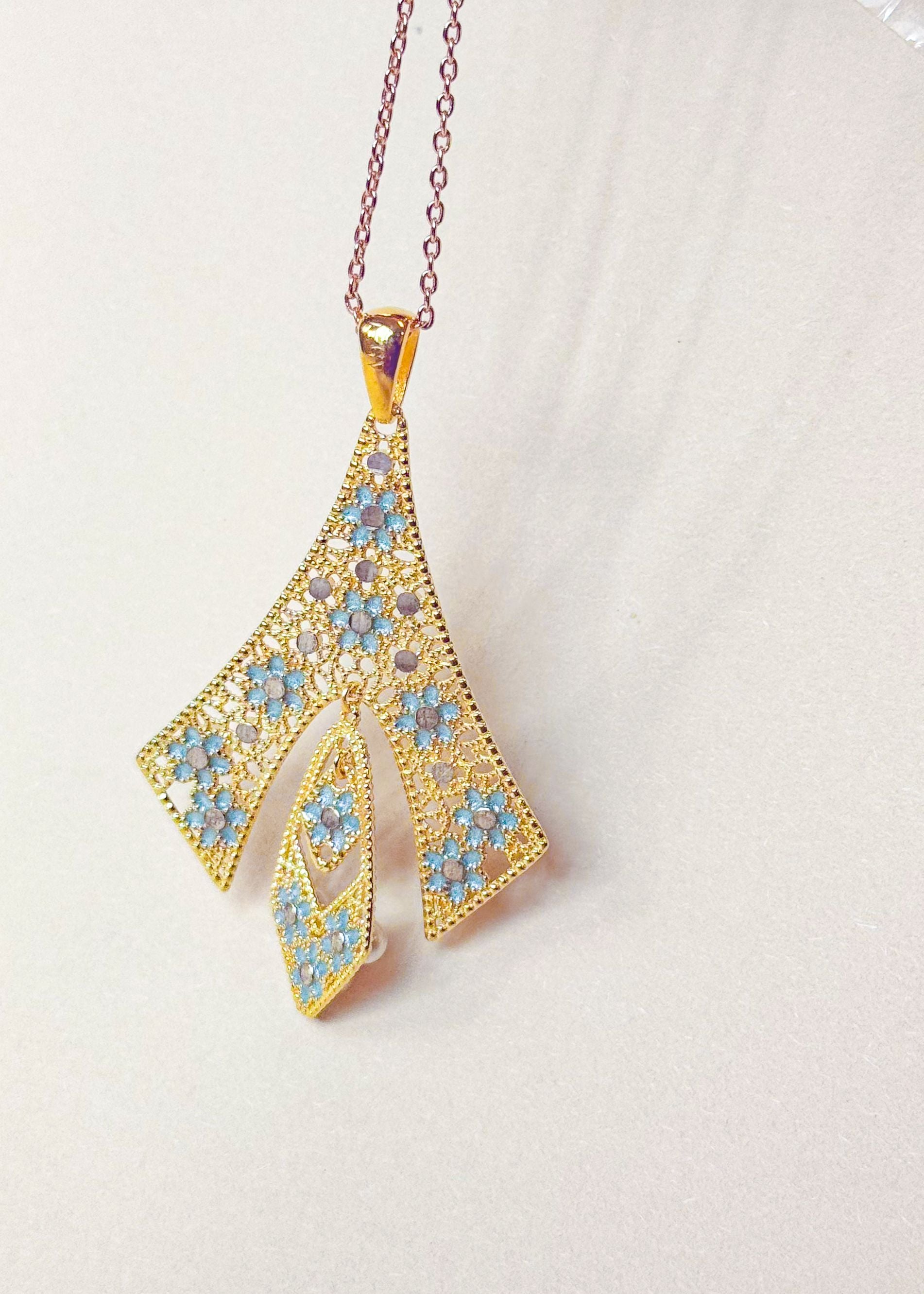 Gold Vermeil Blue Flower Pearl Pendant