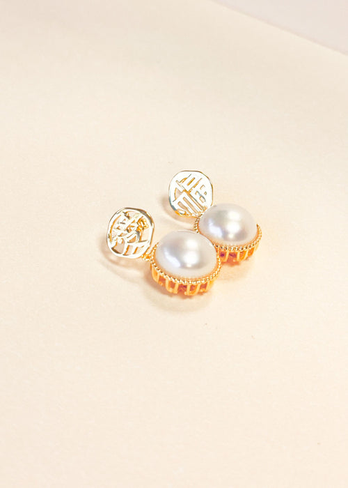 Gold Vermeil "Fortune" Character Pearl Earrings