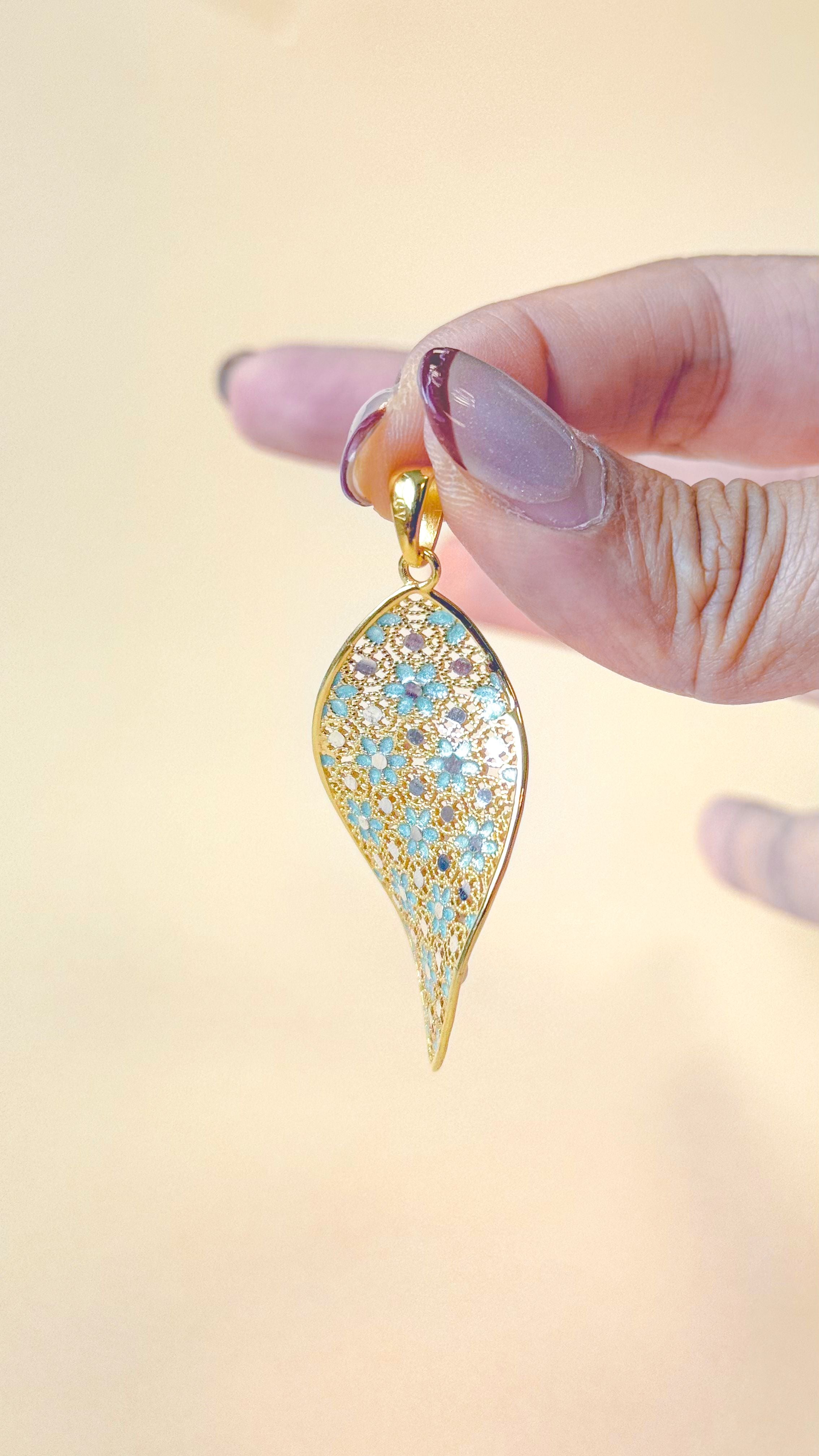 Gold Vermeil Blue Flower Streamline Pearl Pendant