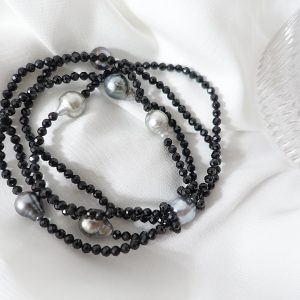 Galaxy Silhouette Bracelet featuring four rows of Black Spinel and Tahitian pearls.