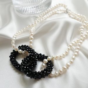 Double Freshwater Pearl Strand Spinel Chain link Statment Neckalce