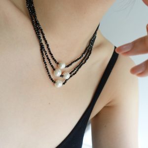 Three in One Layered Black Spinel Freswater Pearl Necklace