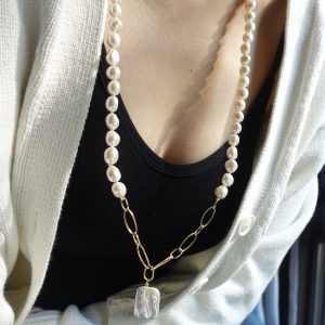 Endless freshwater pearl necklace with square coin pendant in gold vermeil, 32 inches.