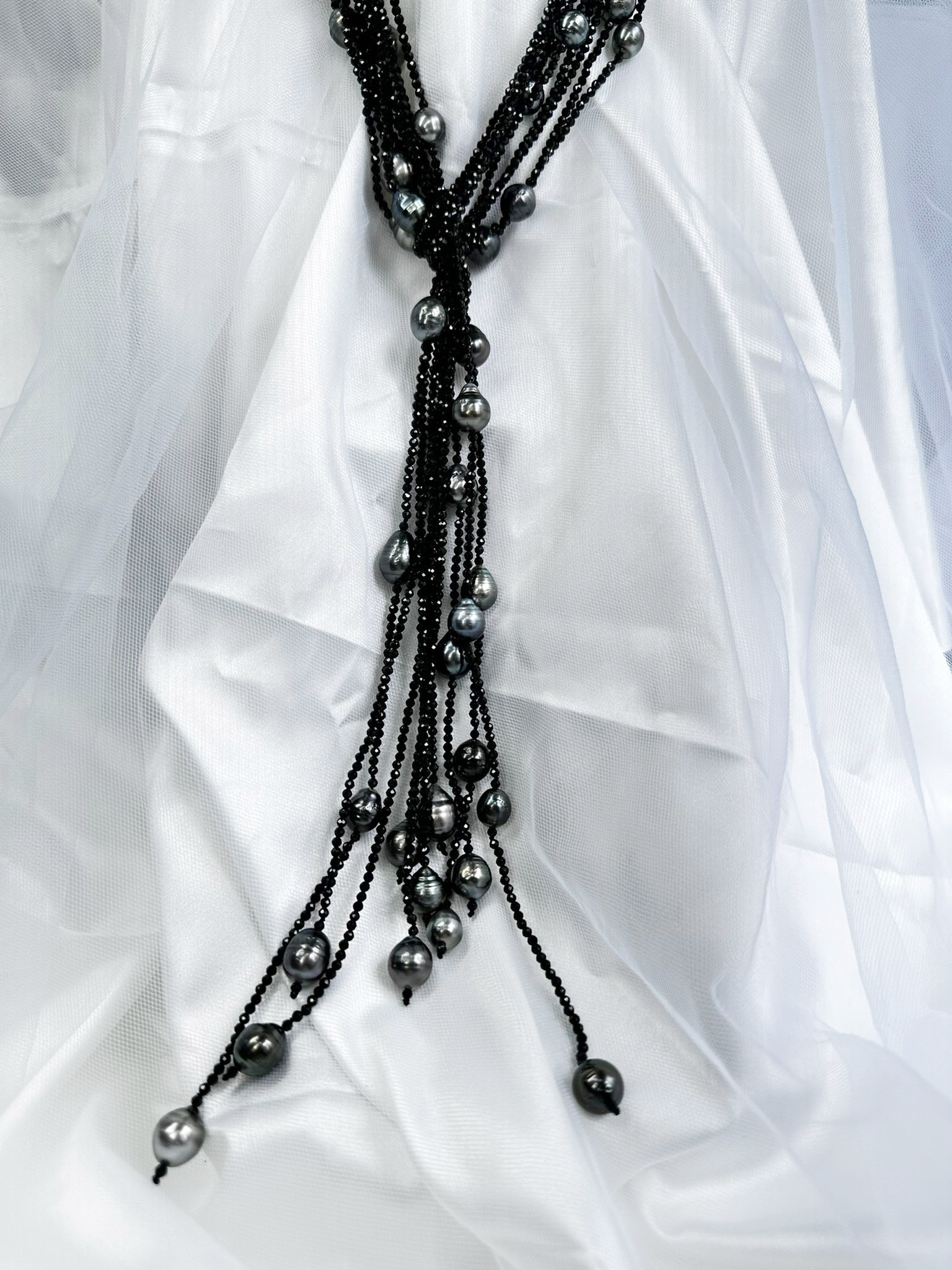 57b Multi Layer Black Spinel Tahitian Pearl Tassel Opera Necklace