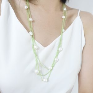 Three in One Peridot Stone and Freshwater Pearl Opera Necklace