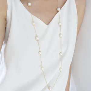 Movable Yellow Gold plated Silver Freshwater Pearl Rope Necklace