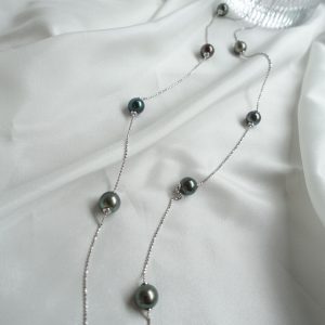 Movable White Gold Tahitian Round Pearl Rope Necklace
