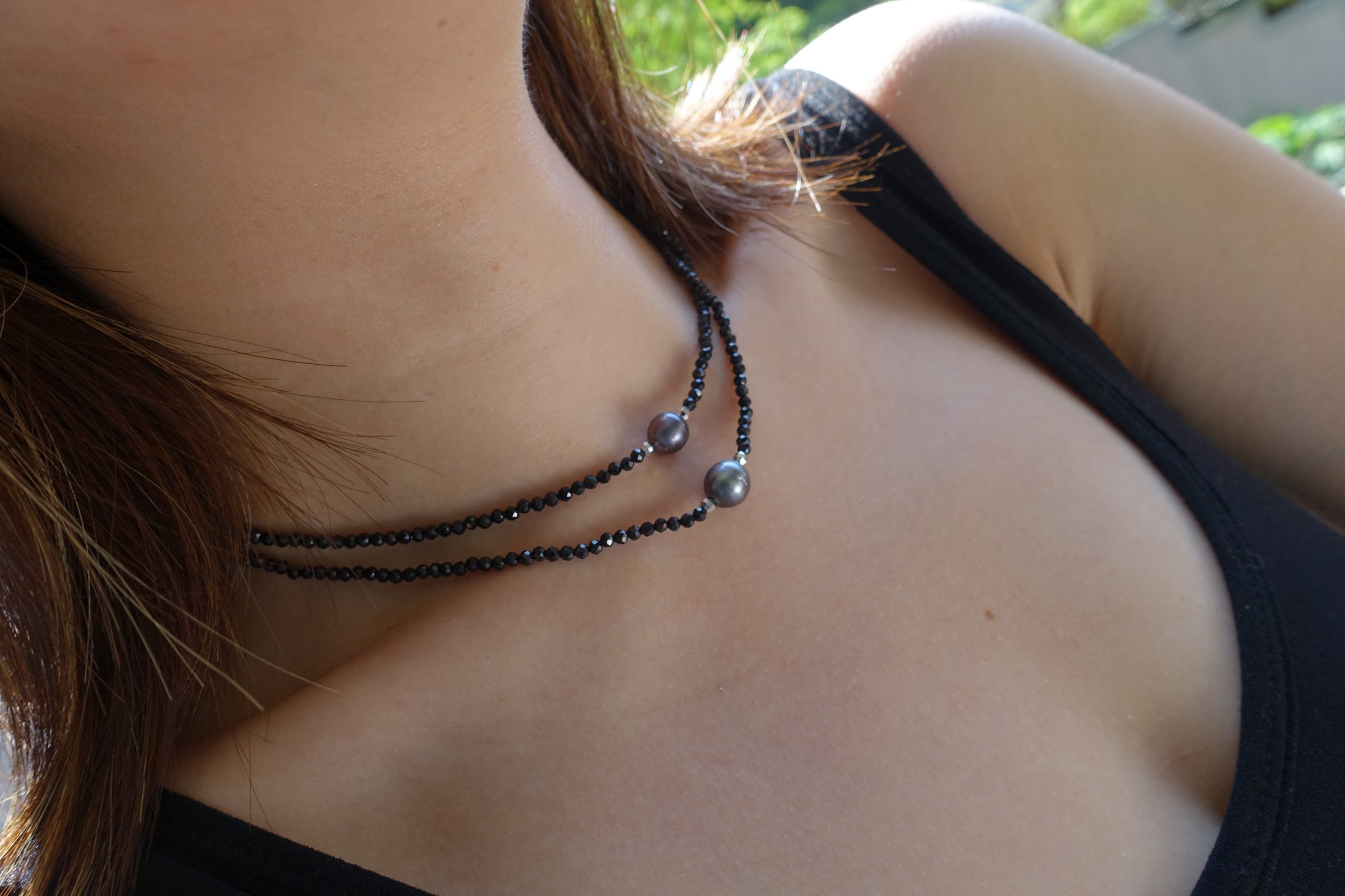 DSC04696 Double Layered Spinel and Tahitian Pearl Choker Necklace