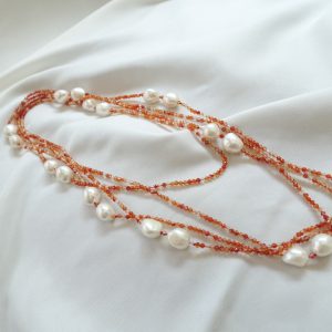 Continuous Red Agate Stone and Freshwater Pearl Opera Necklace