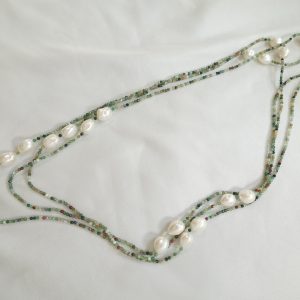 Continuous Green India Agate Stone and Freshwater Pearl Opera Necklace