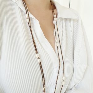 Continuous Brown Tiger's Eye Stone and Freshwater Pearl Opera Necklace