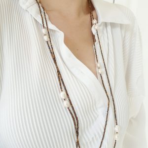 Continuous Brown Tiger's Eye Stone and Freshwater Pearl Opera Necklace